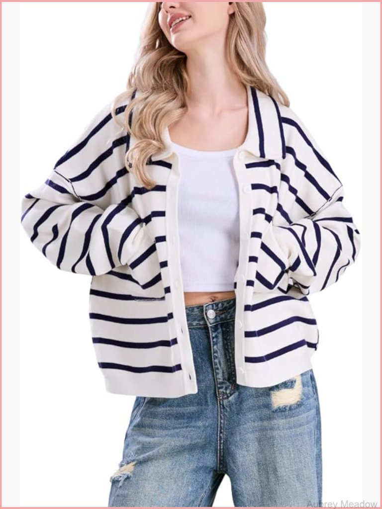 Button Down Striped Cardigan Sweater Open Front Knit Jacket